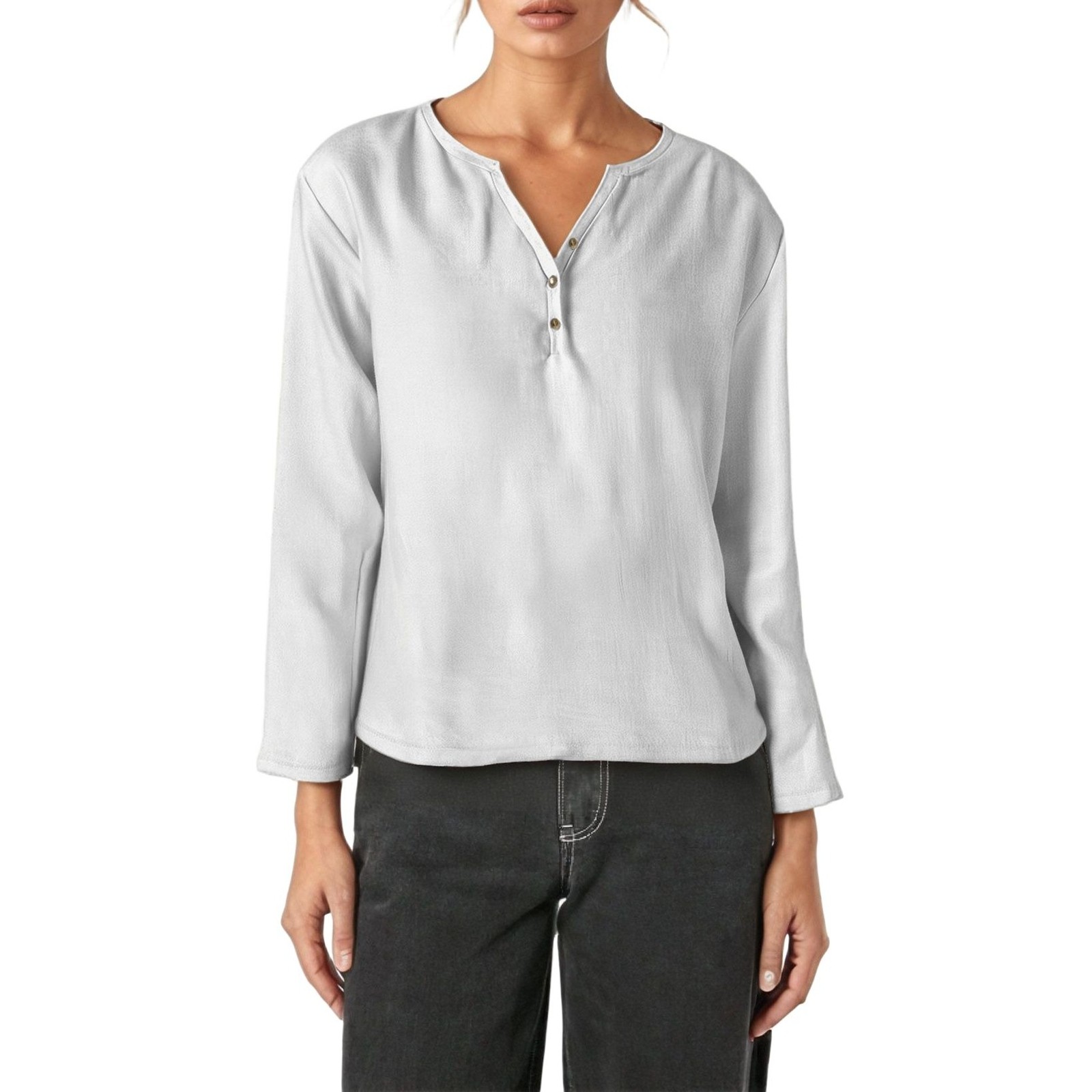 Camiseta informal de manga larga y cuello en V - Elegante cuello en V, color versátil, tejido cómodo